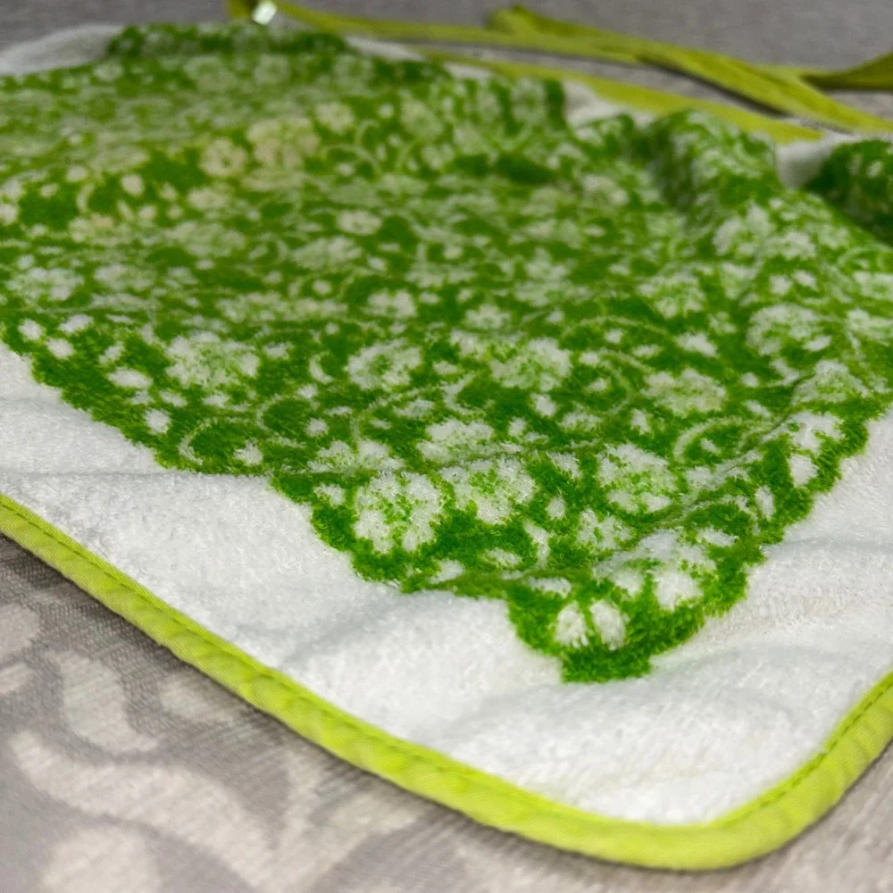 Vintage 70s Pequot Terry Cloth Apron Green White Floral Handmade Waist Apron USA